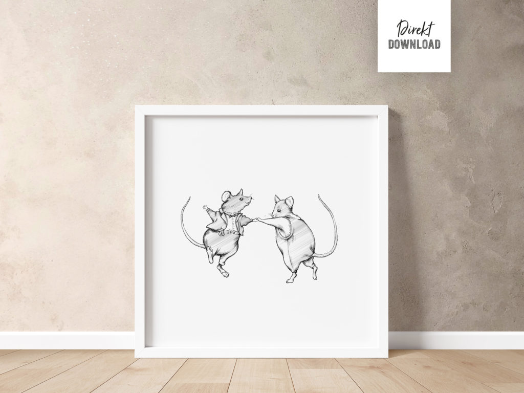 Wandbild als digitaler Download, Motiv Tanzende Mäuse, Illustration als Direkt-Download in meinem Shop