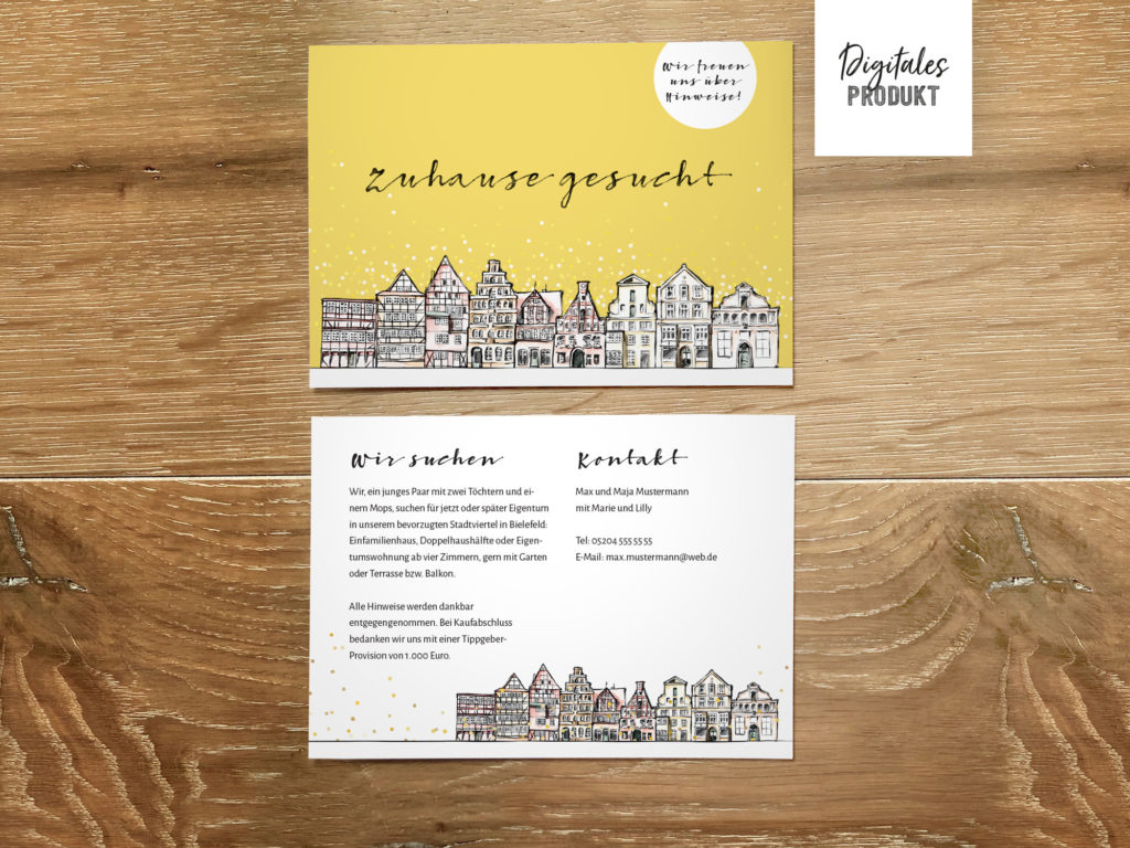 Haussuche, Flyer Design mit Individualisierung, Design Konfetti-Stadt für die Haussuche, für Flyer, Postkarten