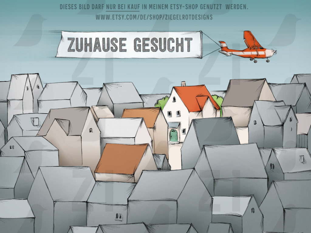 Fertige illustration für die Haussuche, Motiv mit Haus in der Häusermenge, mit Flugzeug und Banner Zuhause gesucht