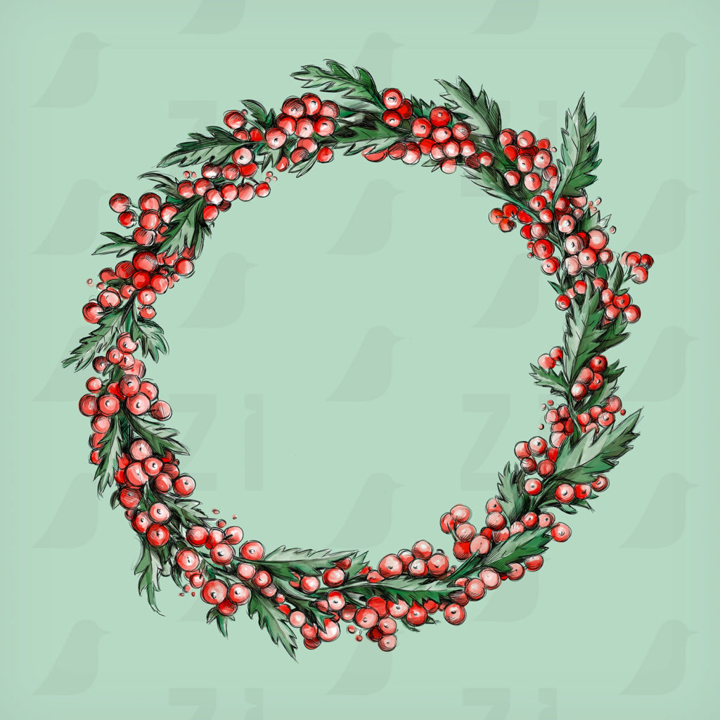 Illustration Weihnachtskranz mit Ilex-Beeren und Blättern