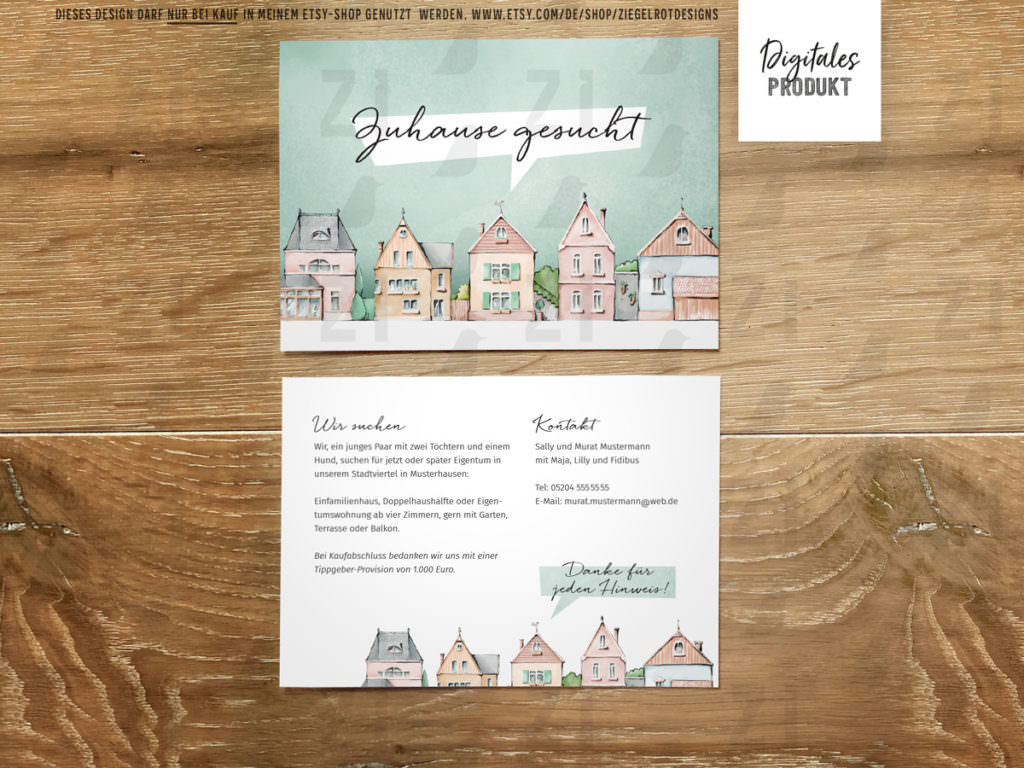 Digitale Druckdatei als Vorlage für eure Haussuche mit Illustration hübsche Stadthäuser als Motiv