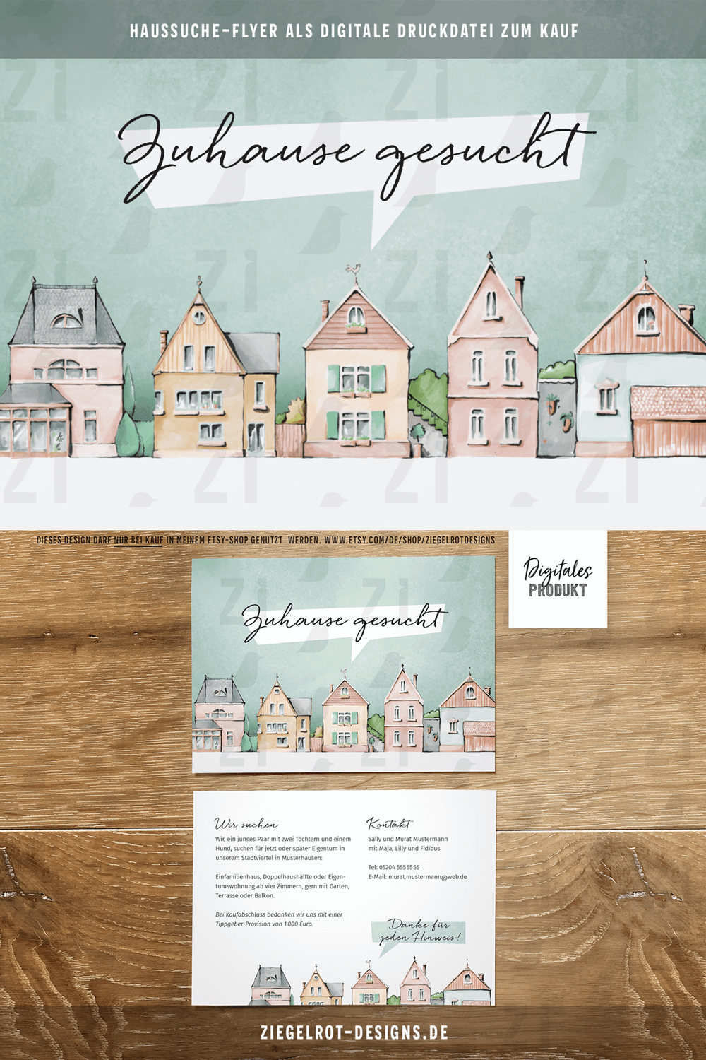 Digitale Druckdatei mit Individualisierung für Haussuche-Flyer, Motiv Hübsche Stadthäuser