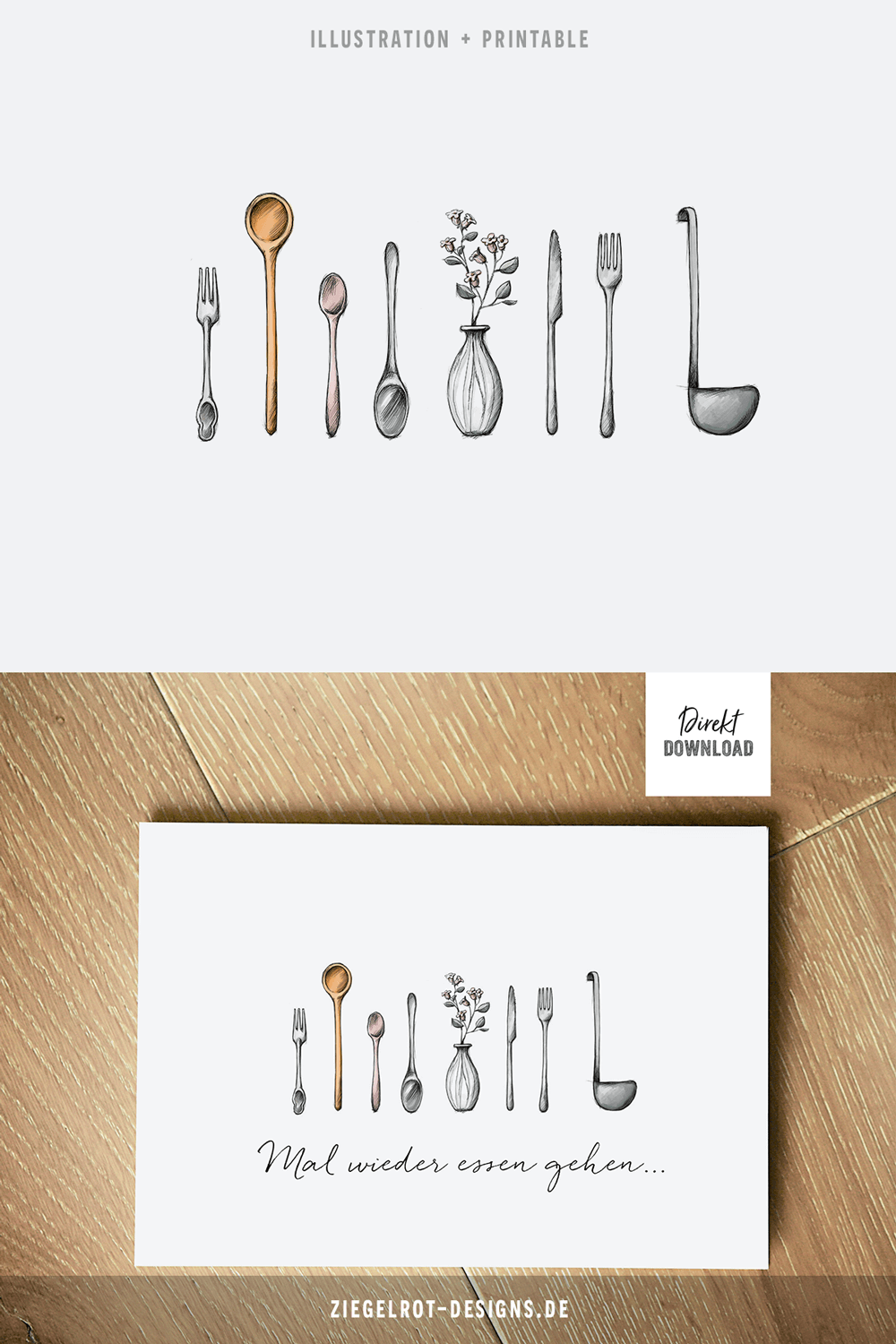 Printable für Klappkarte mit Illustration zum Thema ›Mal wieder essen gehen...‹