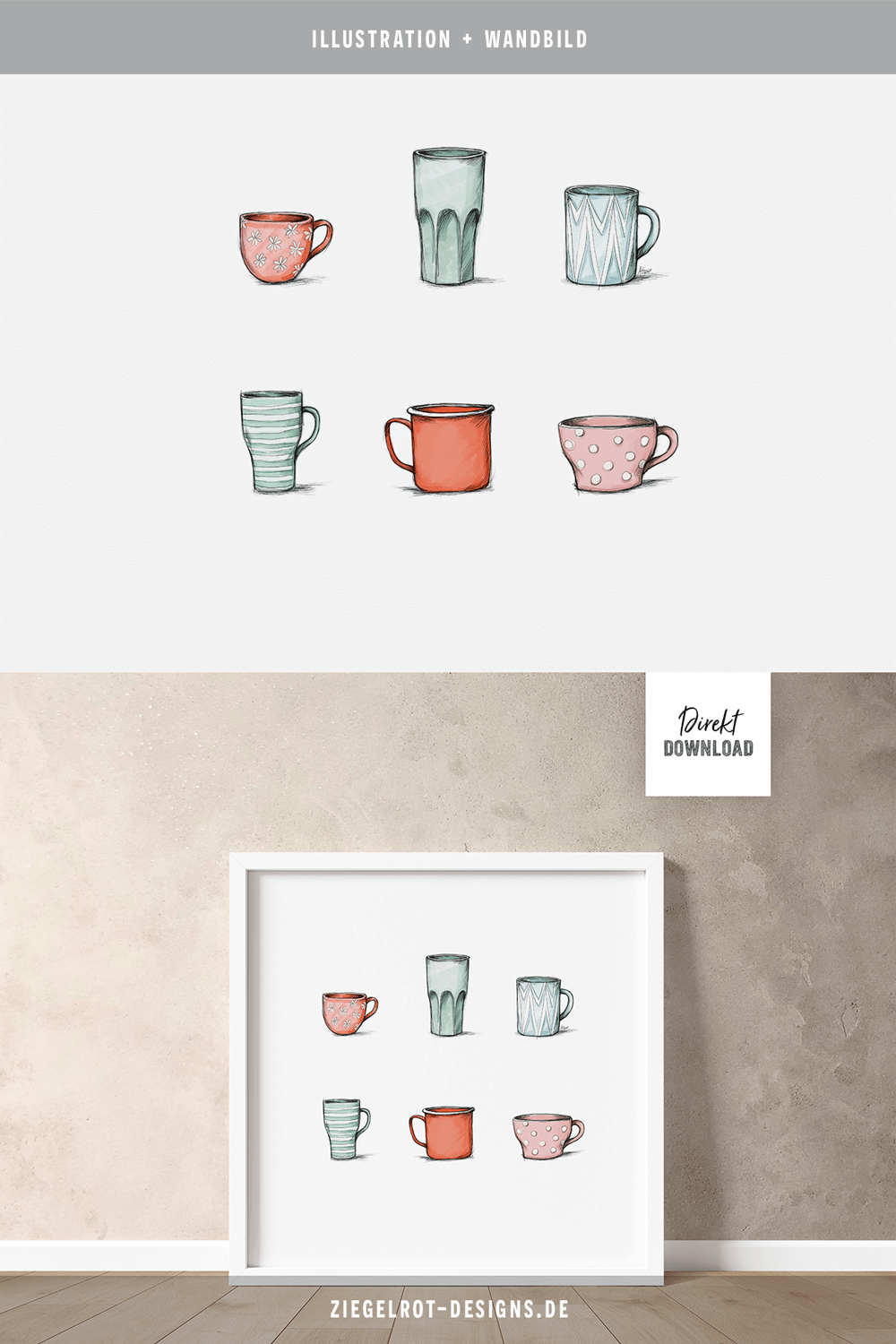 Illustration als Motiv für Wandbild mit bunten Kaffeebechern als Download zum Selbstdrucken