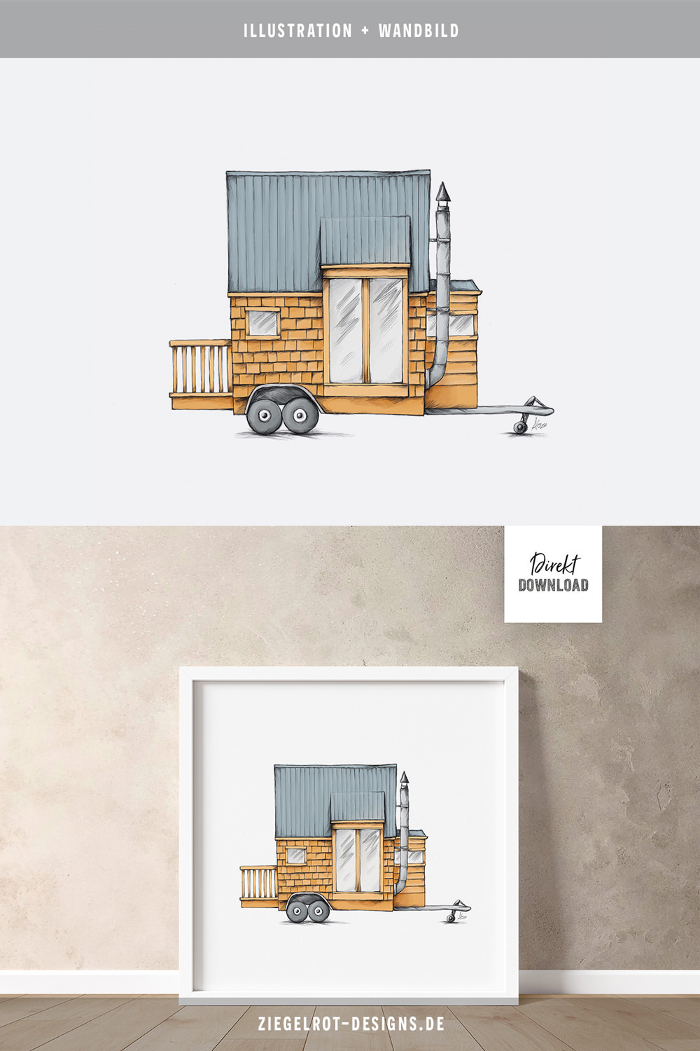 Illustration mit Tiny House als Wandbild, Dekoration für deine Wände als Direkt-Download