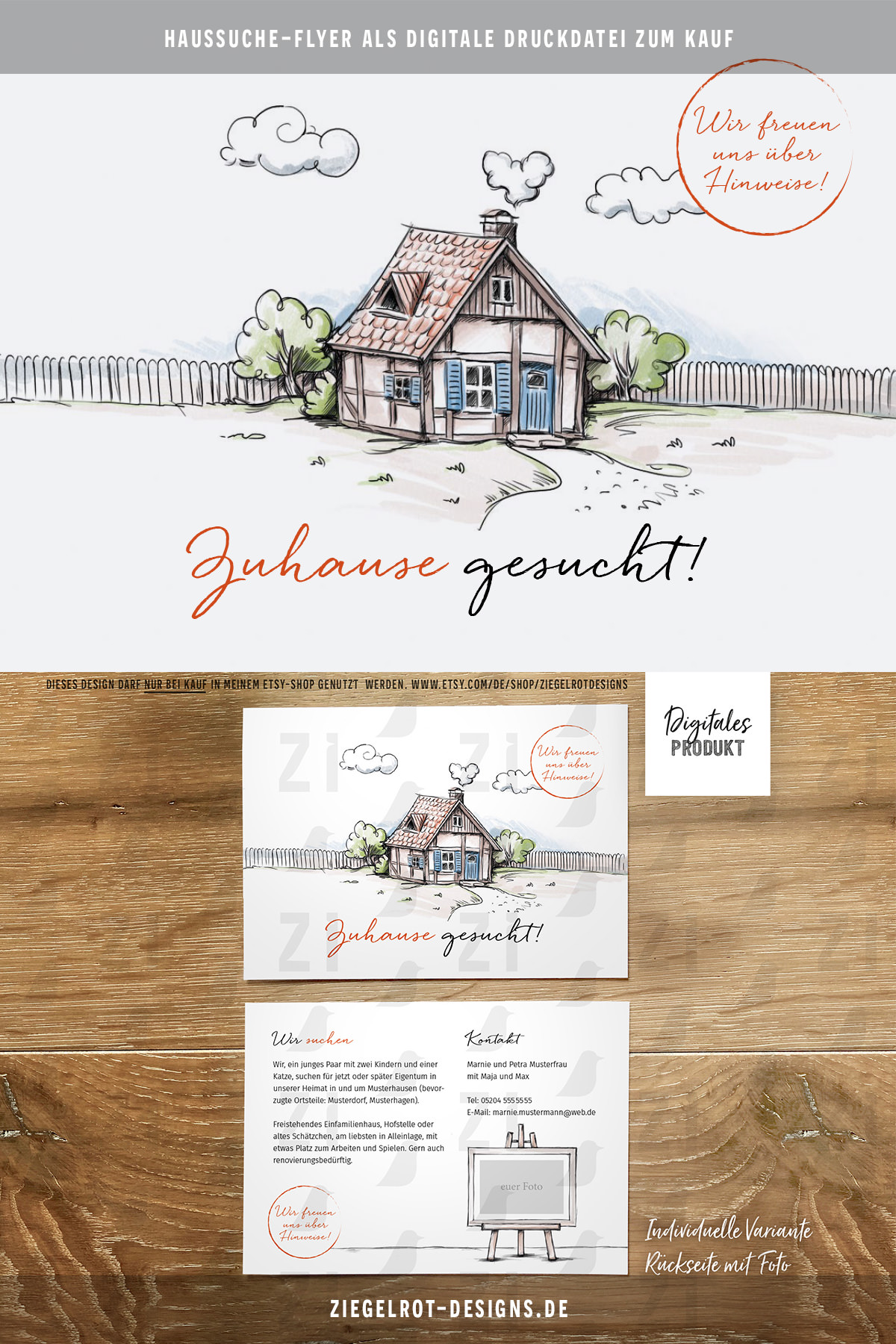 Flyer-Vorlage, digitale Druckdatei mit Individualisierung mit Motiv Landhaus am Gartenzaun