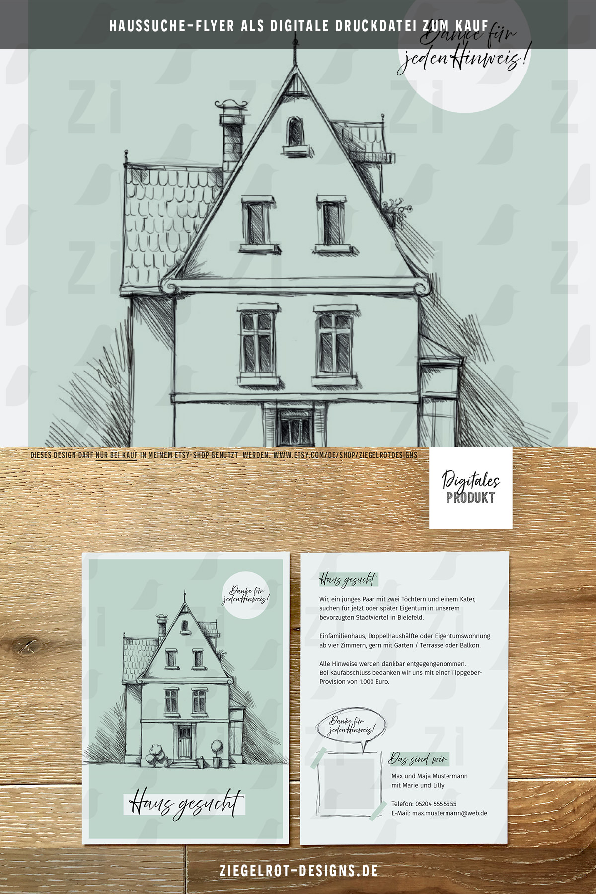 Flyer-Vorlage Haus im Skizzenstil Variante Pastellgrün als Digitales Produkt bei Etsy