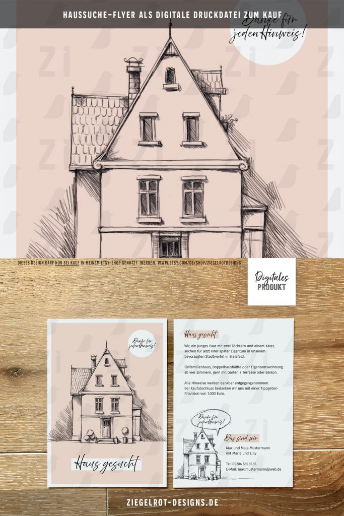 Flyer-Vorlage Haus im Skizzenstil Variante Rose als Digitales Produkt bei Etsy