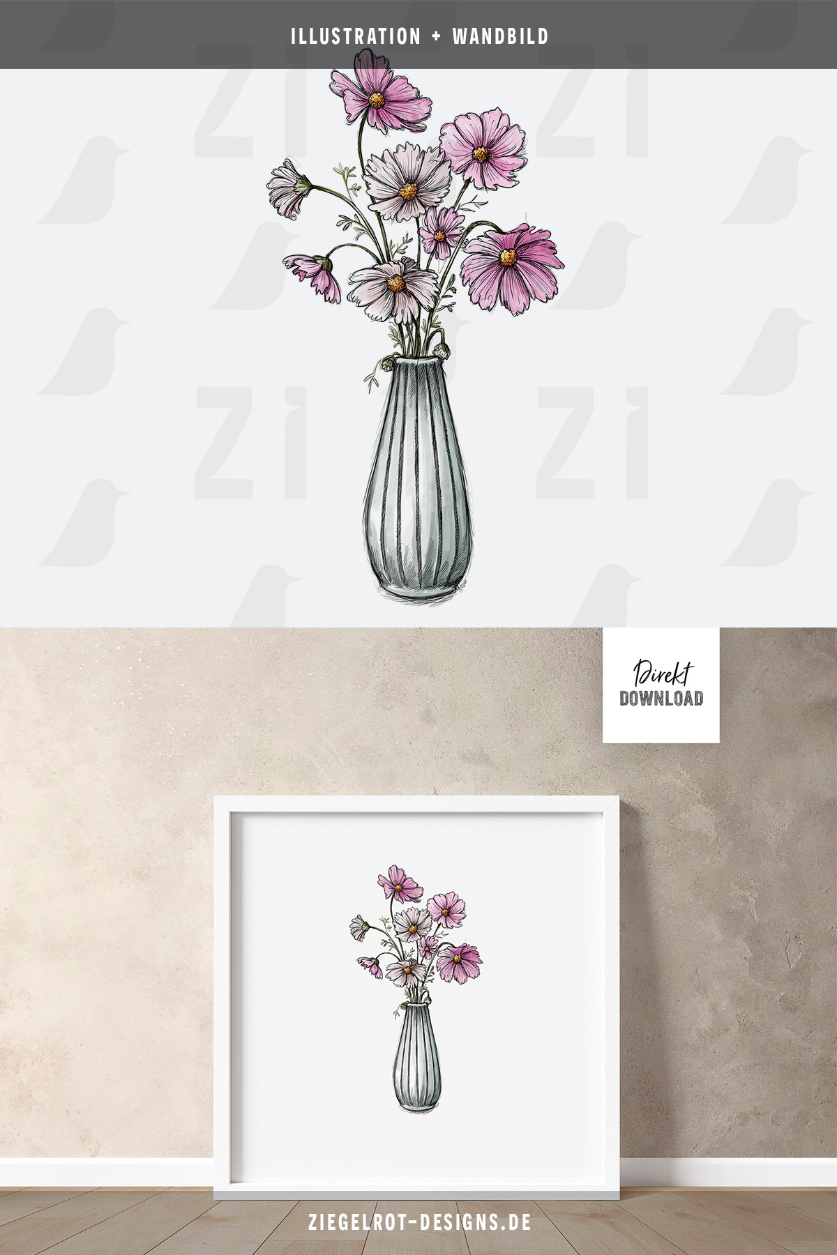 Motiv für wandbild mit Illustration von Blumenvase mit Cosmea