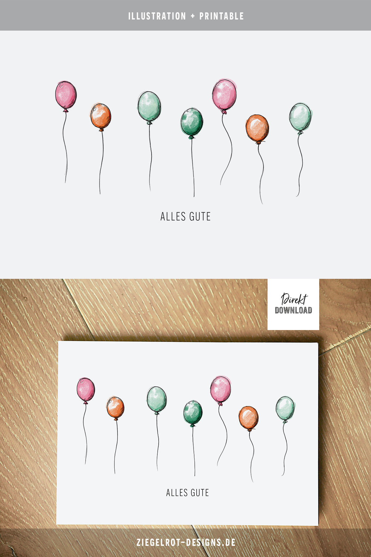 Printable für Klappkarte mit Luftballons und Schriftzug Alles Gute