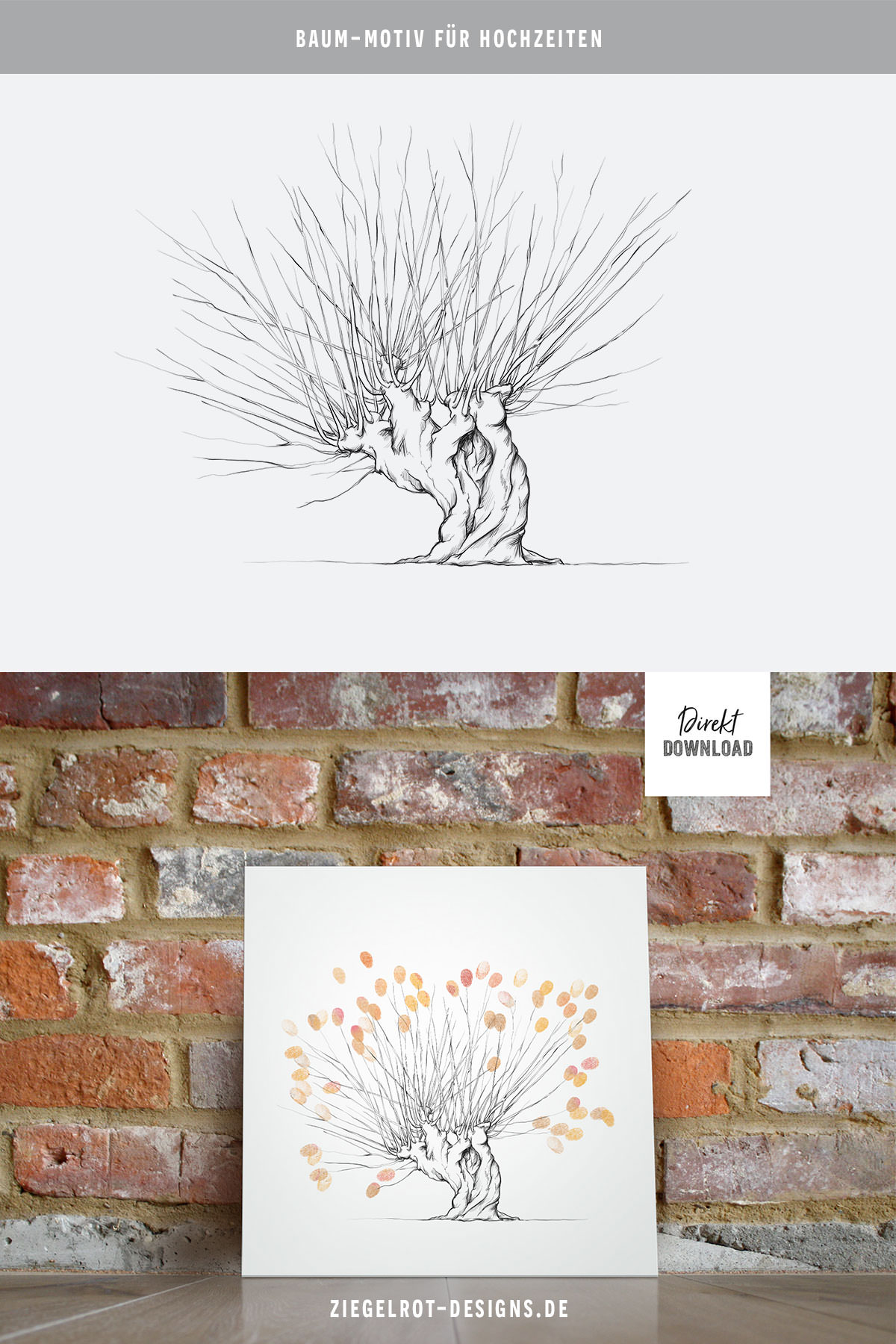 Baum-Motiv für Hochzeiten, Baum für Fingerabdrücke, Illustration Baum mit Kopfweide, Digitales Produkt, Download