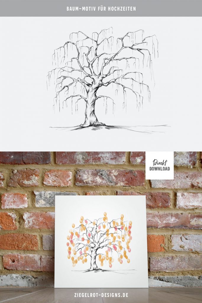 Baum-Motiv für Hochzeiten, Baum für Fingerabdrücke, Illustration Trauerweide, Digitales Produkt, Download