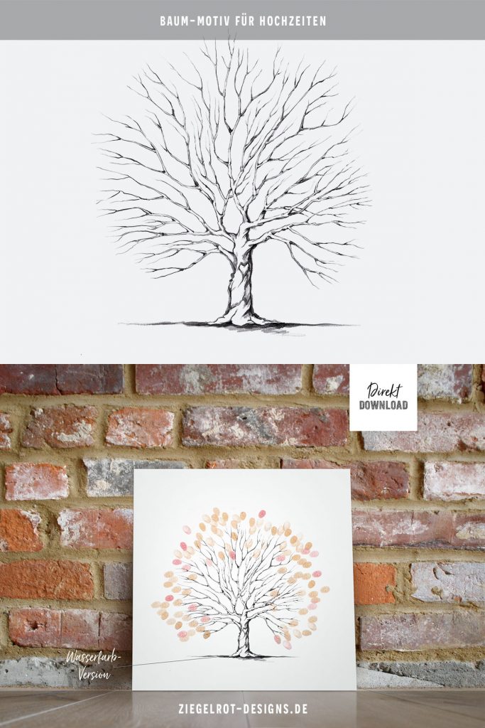 Baum-Motiv für Hochzeiten, Baum für Fingerabdrücke, Illustration mit Herz im Baumstamm, Digitales Produkt, Download