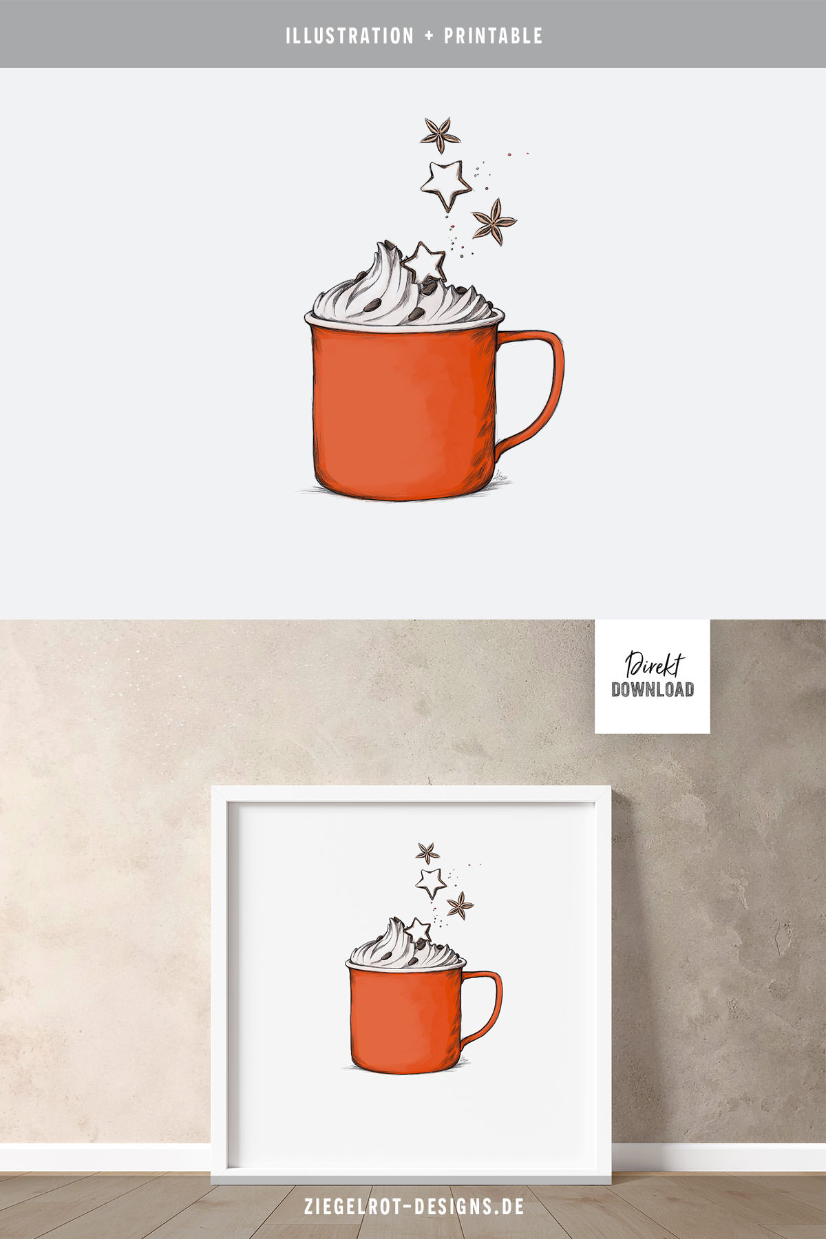 Motiv Illustration Emaillebecher mit Kakao mit Sahne und fallenden Stern-Keksen