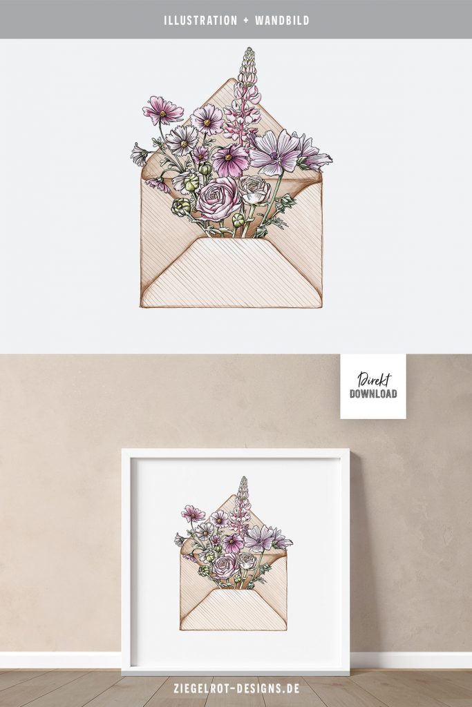 Wandbild-Motiv oder Grußkarten-Motiv mit Umschlag und Blumen, Direkt-Download