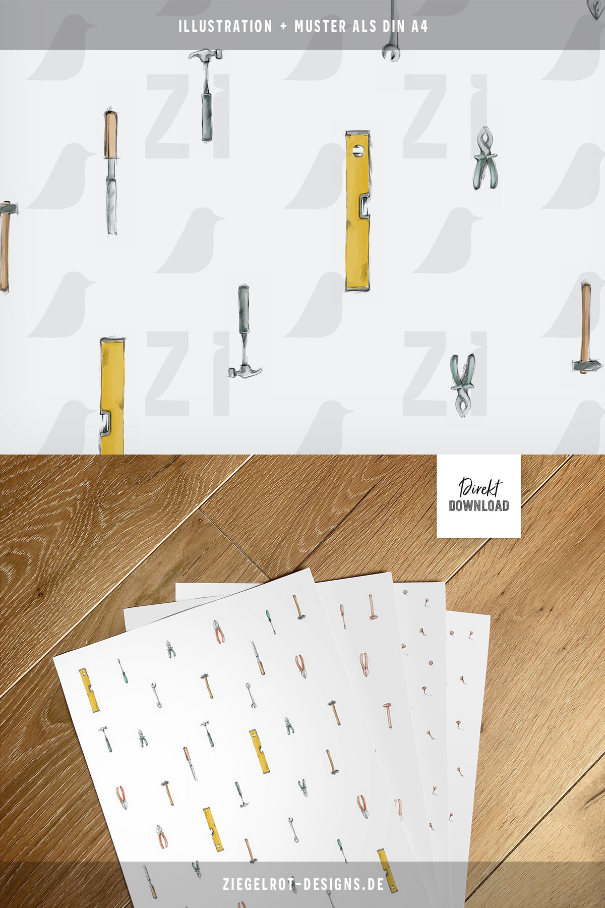 Vier Muster Werkzeuge und Nägel als DINA4 zum Selbstdrucken, Printable, für Heimwerker