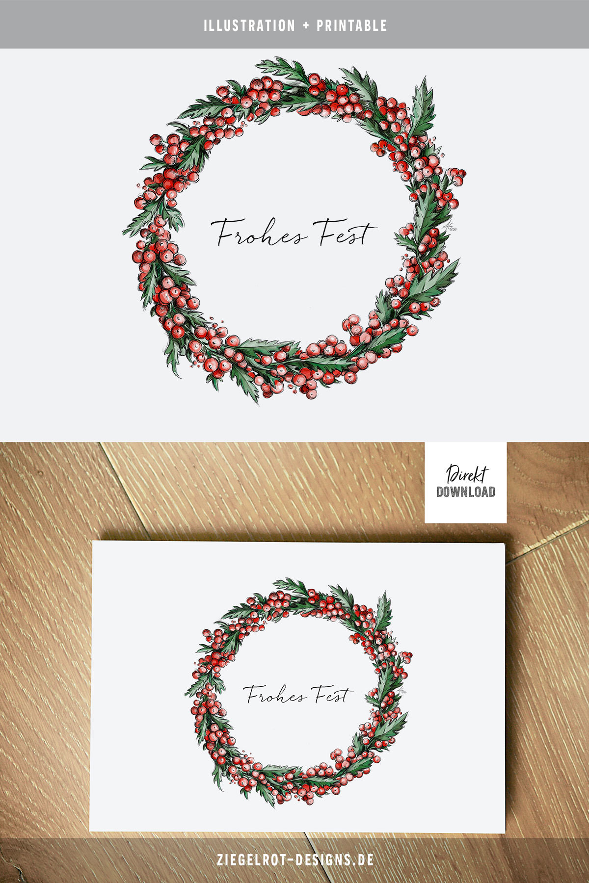 Weihnachtskarte Motiv Ilexkranz, Printable für Klappkarte zum Selbstdrucken