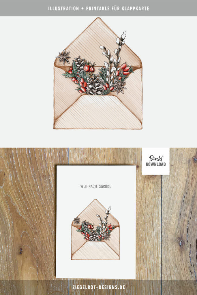 Weihnachtsgrüße Motiv Weihnachtspost mit Briefumschlag, Printable für Klappkarte zum Selbstdrucken