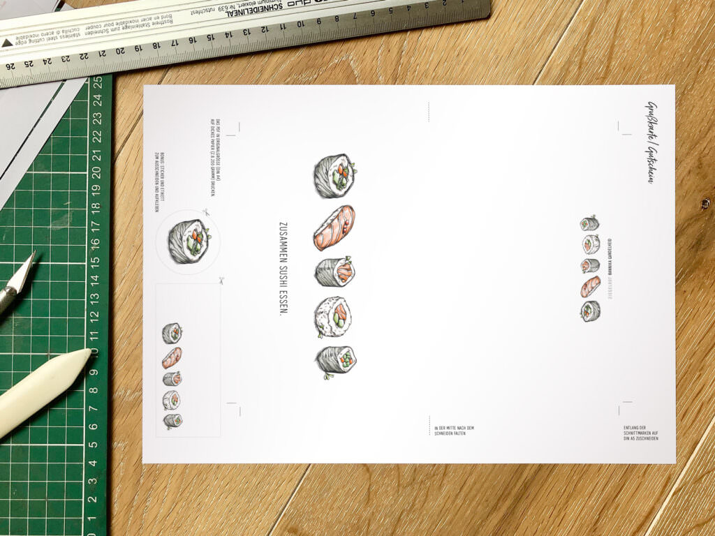 Sushi Gutscheinkarte als Printable, Direktdownload zum Selbstdrucken in meinem Shop, DIN A4 Blatt