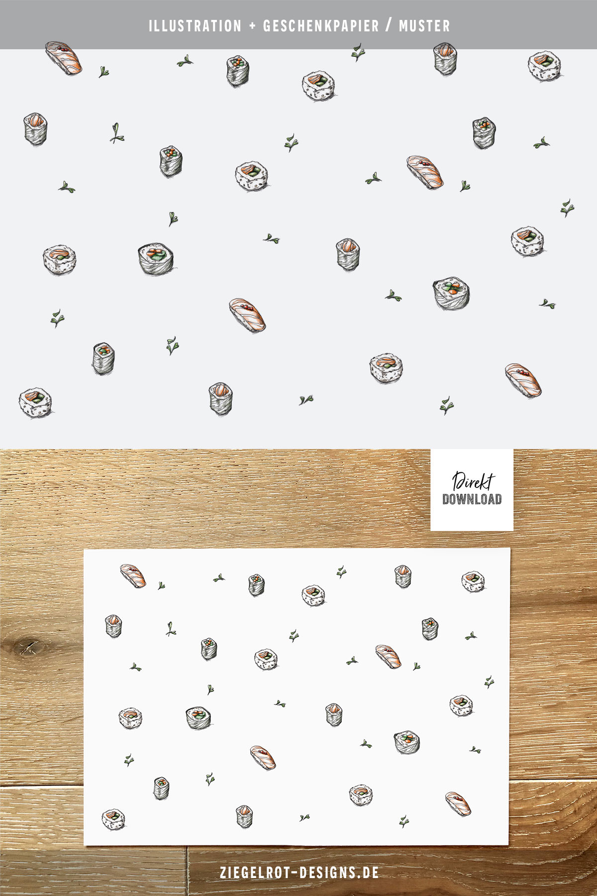 Geschenkpapier, Muster Sushi zum Selbstdrucken in DIN A4