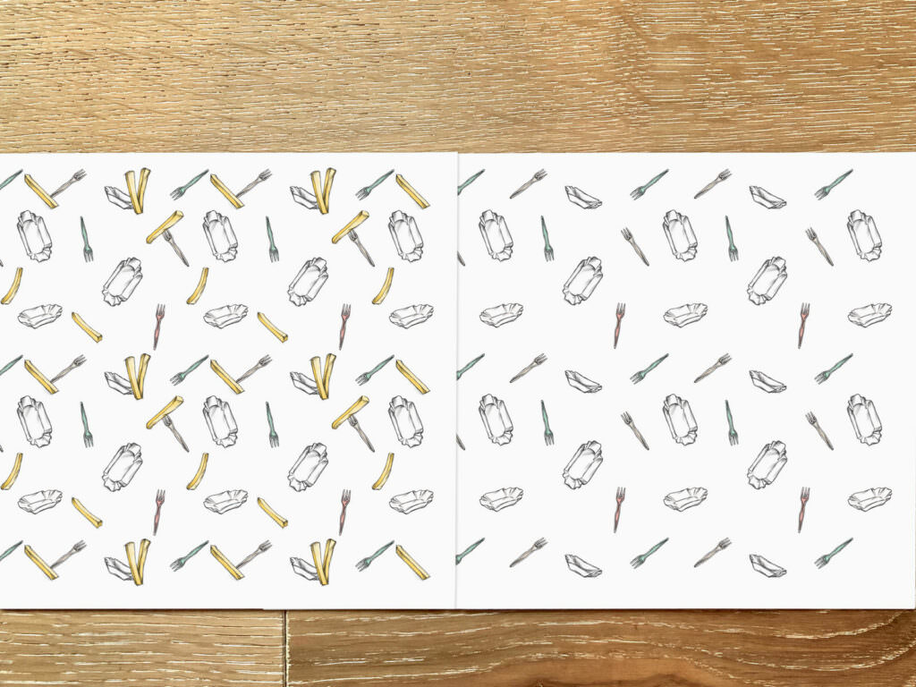 Pommes Geschenkpapier zum Selbstdrucken, Muster mit Pomesschälchen und Plastikgabel