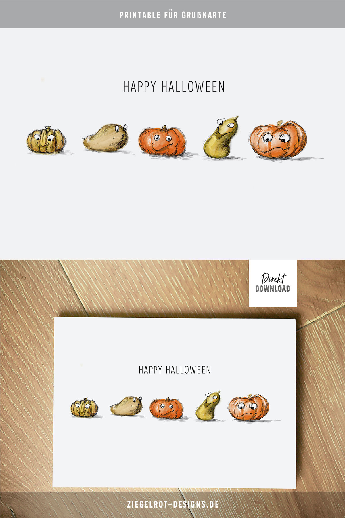 Halloween Motiv für Karte zum Selbstdrucken, Kürbisse Gesichter minimalistisch