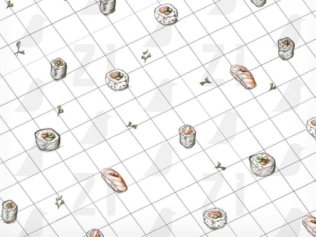 Geschenkpapier, Muster Sushi zum Selbstdrucken in DIN A4, kariert