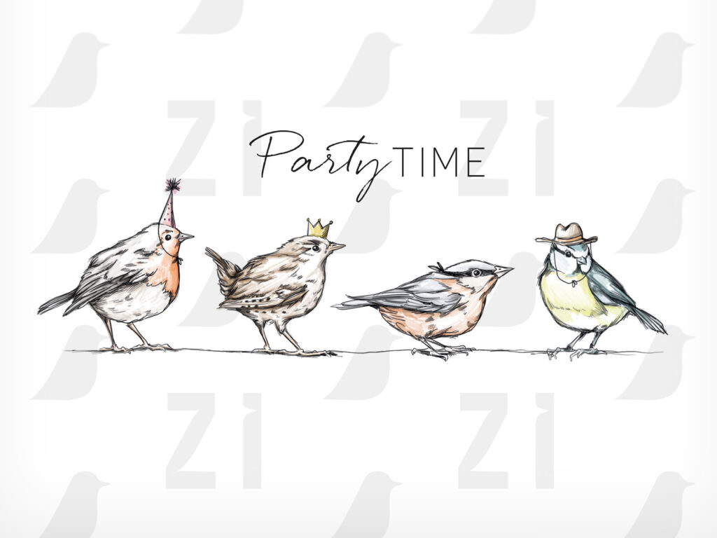 Einladung Kostümparty zum Selbstdrucken, Vögel mit Partyhütchen als Illustration auf der Vorderseite
