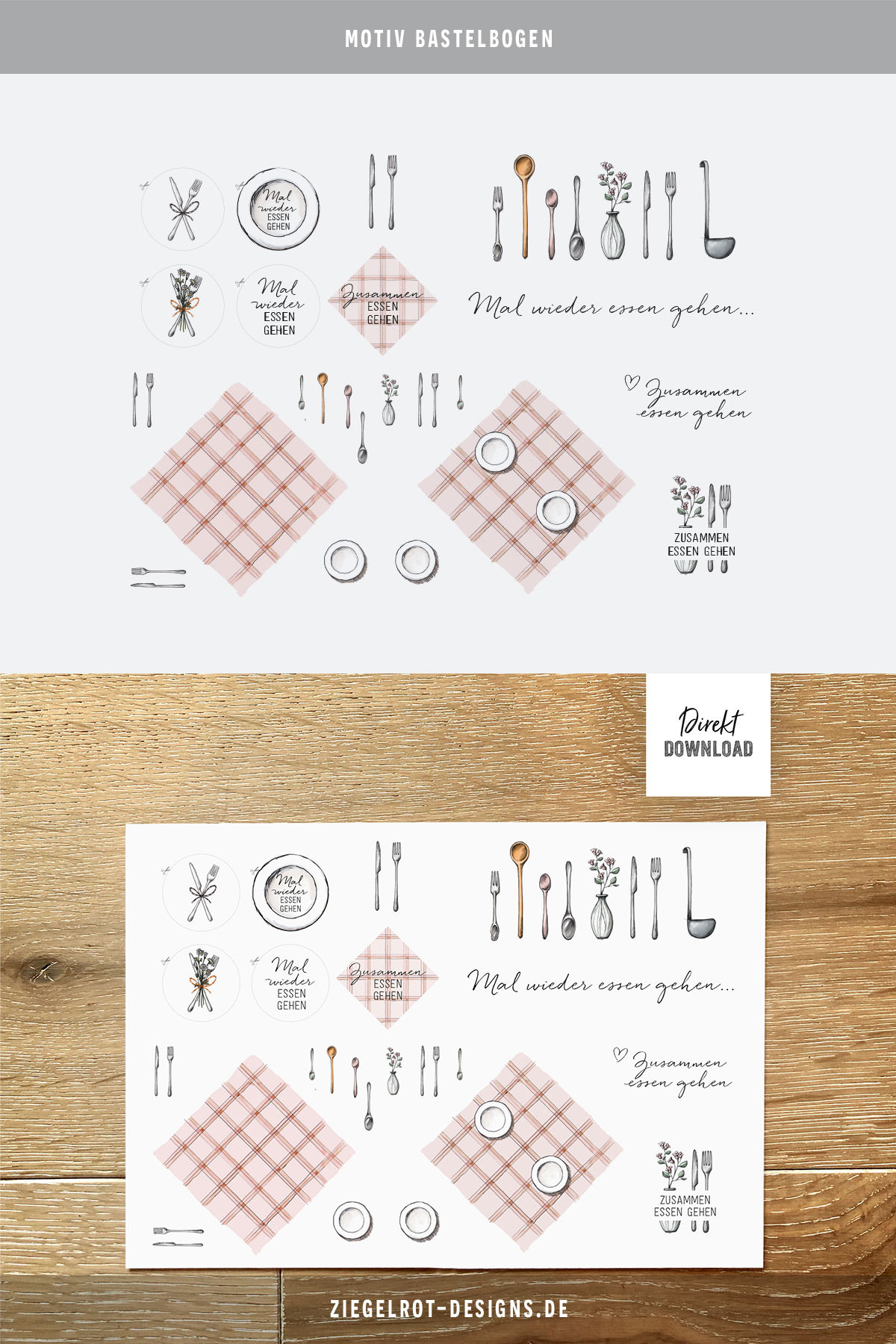Bastelbogen für Essensgutschein basteln DIN A4 Blatt, Essen gehen Motive und Schriftzug
