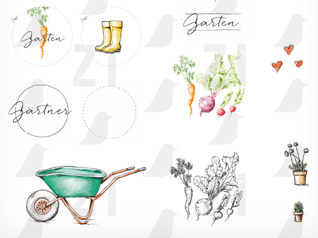 Bastelbogen Garten Gartenarbeit mit Gartengeräten, Gießkannen, Pflanzen und Gemüse als DIN A4 Blatt zum Ausdrucken, Detail