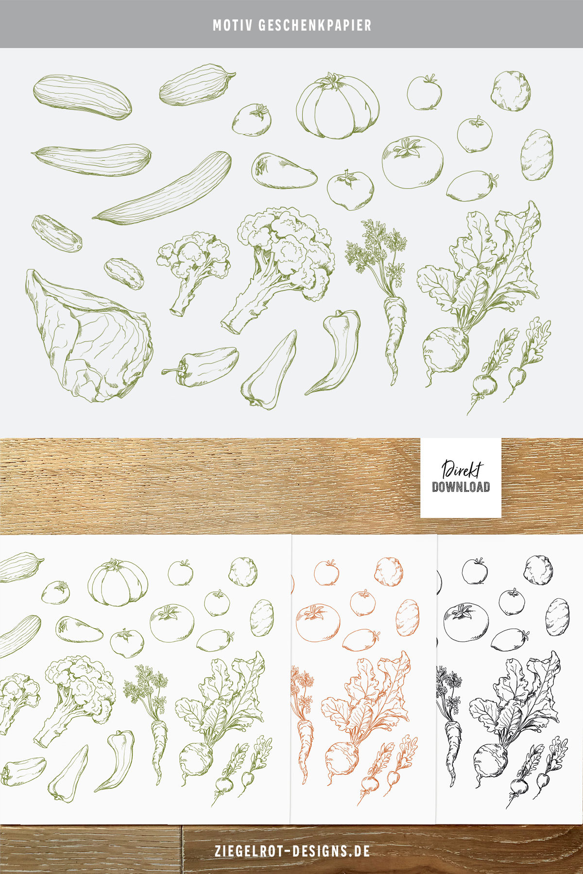 Muster Gartengemüse Gemüsesorten als Geschenkpapier zum Ausdrucken und Basteln als DIN A4 Blatt