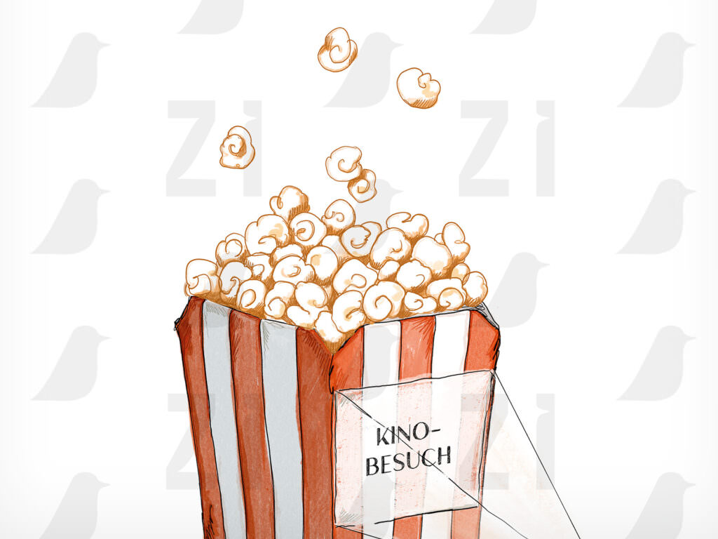 Einladung Kinobesuch, auch als Gutschein, selbst gezeichnetes Motiv mit Popcorntüte