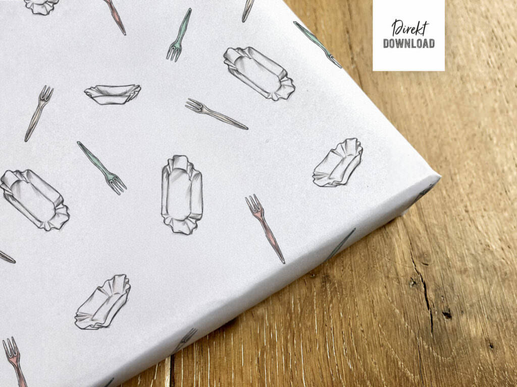 Geschenkpapier mit Snack-Schale und Plastikgabeln zum selbst Drucken