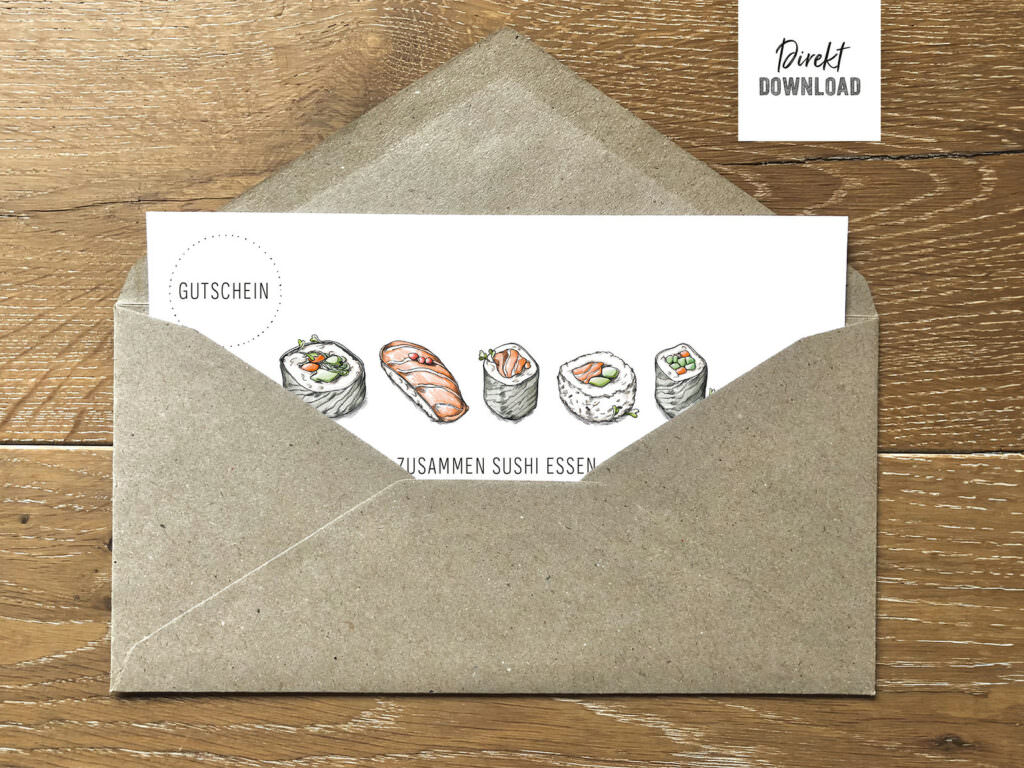 Gutschein Sushi essen gehen für DIN Lang, Druckdatei Sushi-Gutschein zum Selbst Drucken
