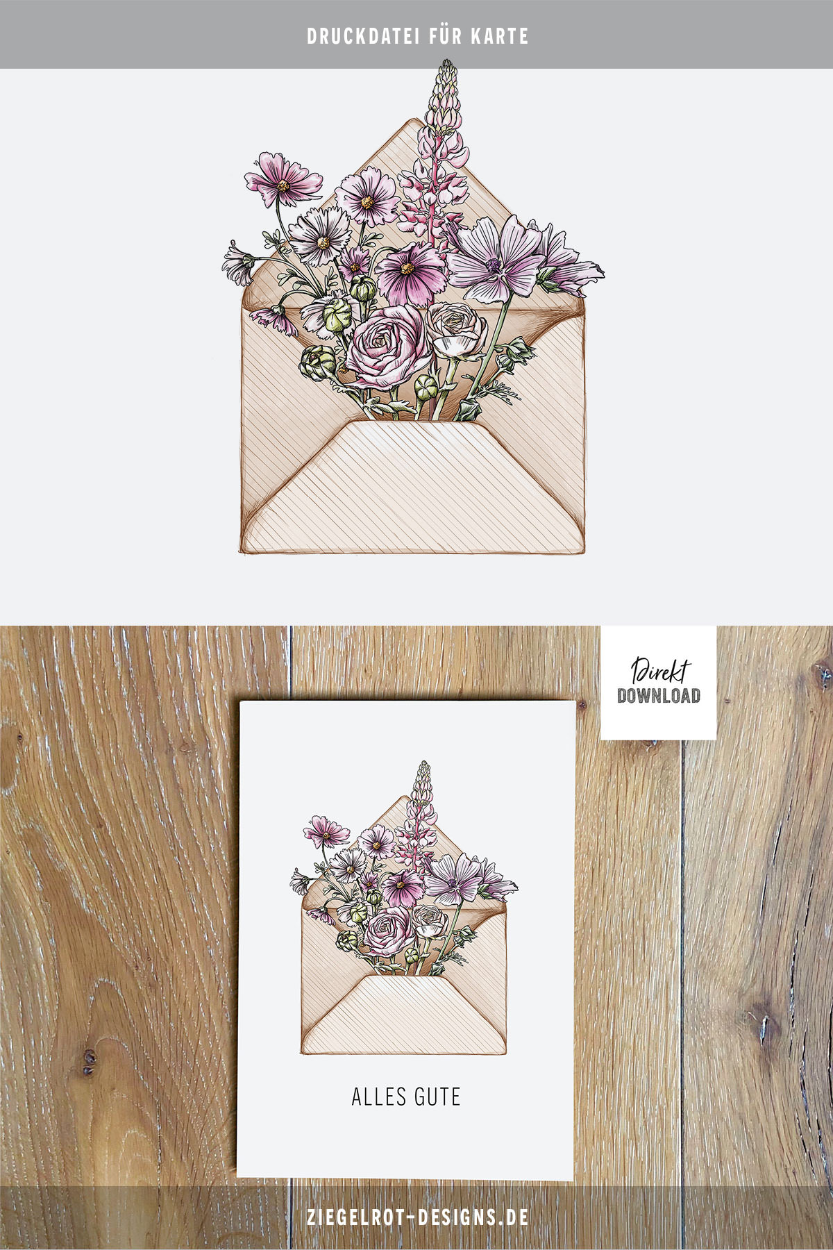 Druckdatei für Klappkarte Alles Gute mit Blumen im Briefumschlag, Glückwunschkarte zum Basteln