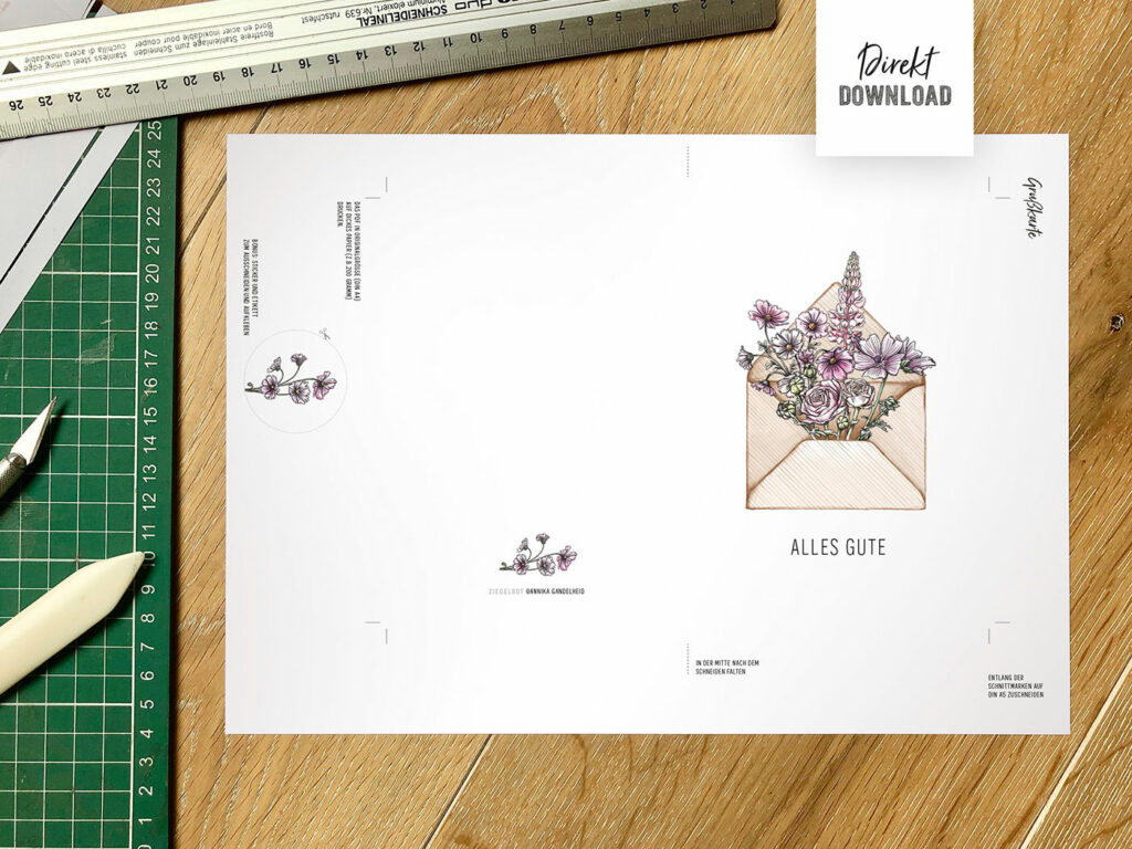 Druckdatei für Glückwunschkarte zum Ausdrucken, Schriftzug Alles Gute mit Blumen im Briefumschlag
