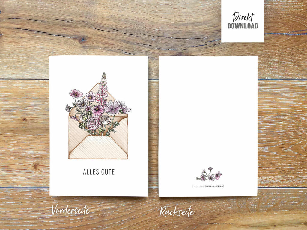 Druckdatei für Glückwunschkarte zum Ausdrucken, Schriftzug Alles Gute mit Blumen im Briefumschlag