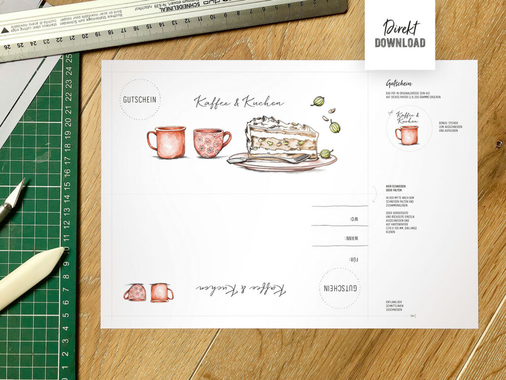 Gutschein Kaffee und Kuchen zum Ausdrucken, Druckdatei DIN A4 Format