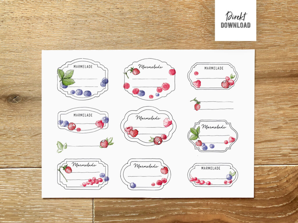 Marmelade Etiketten als pdf zum selbst Drucken mit Beeren