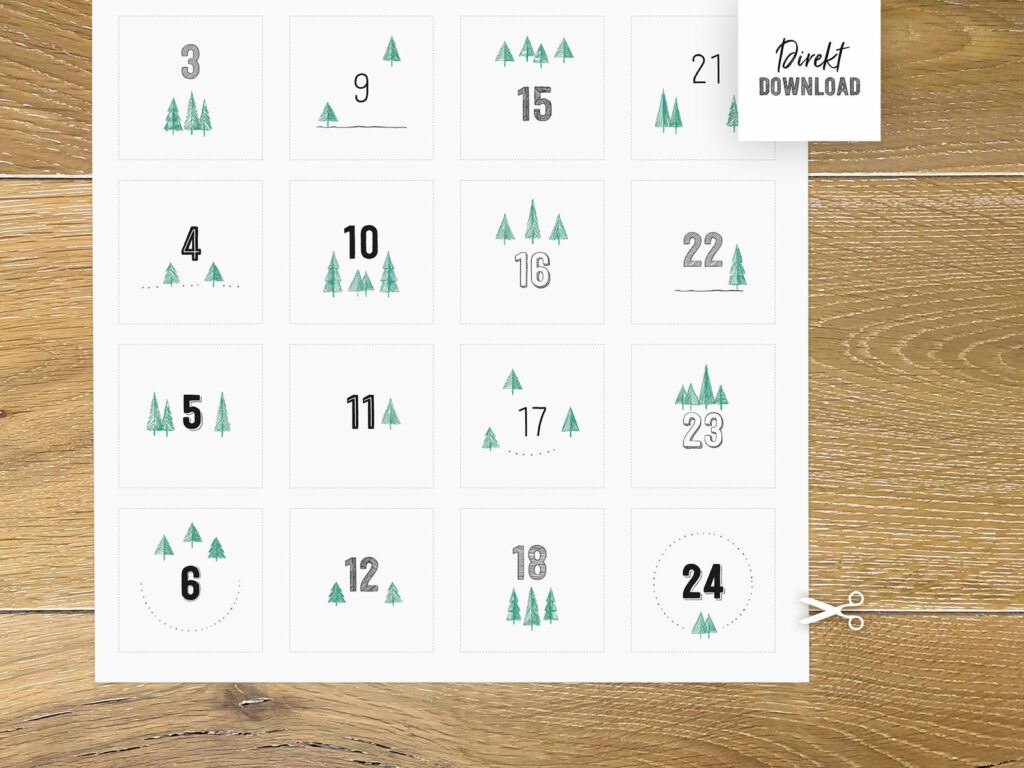Adventskalender zum Ausdrucken, eckige Etiketten mit Zahlen und Tannenbäumen, minimalistisch, zum Basteln