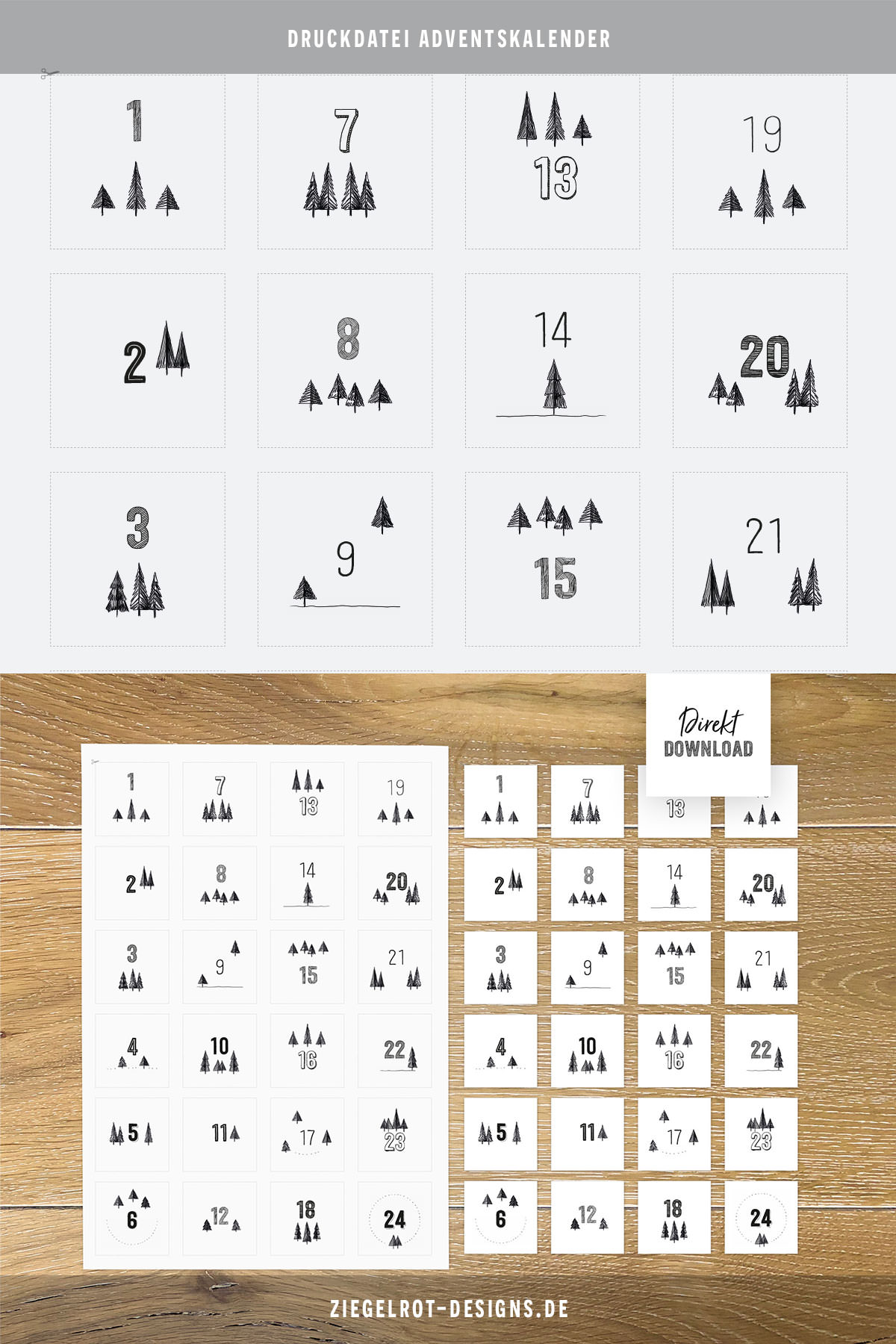 Adventskalender zum Ausdrucken, eckige Etiketten mit Zahlen und Tannenbäumen, minimalistisch, zum Basteln