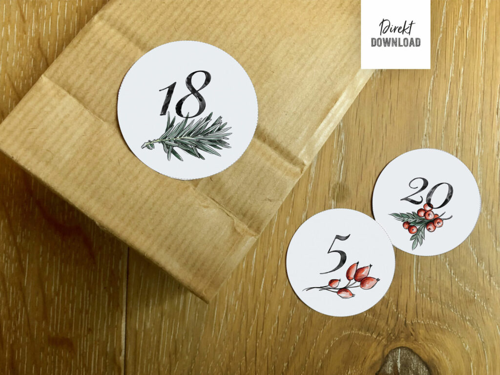 Adventskalender zum Ausdrucken, runde Etiketten mit Zahlen und Weihnachtsdeko zum Basteln