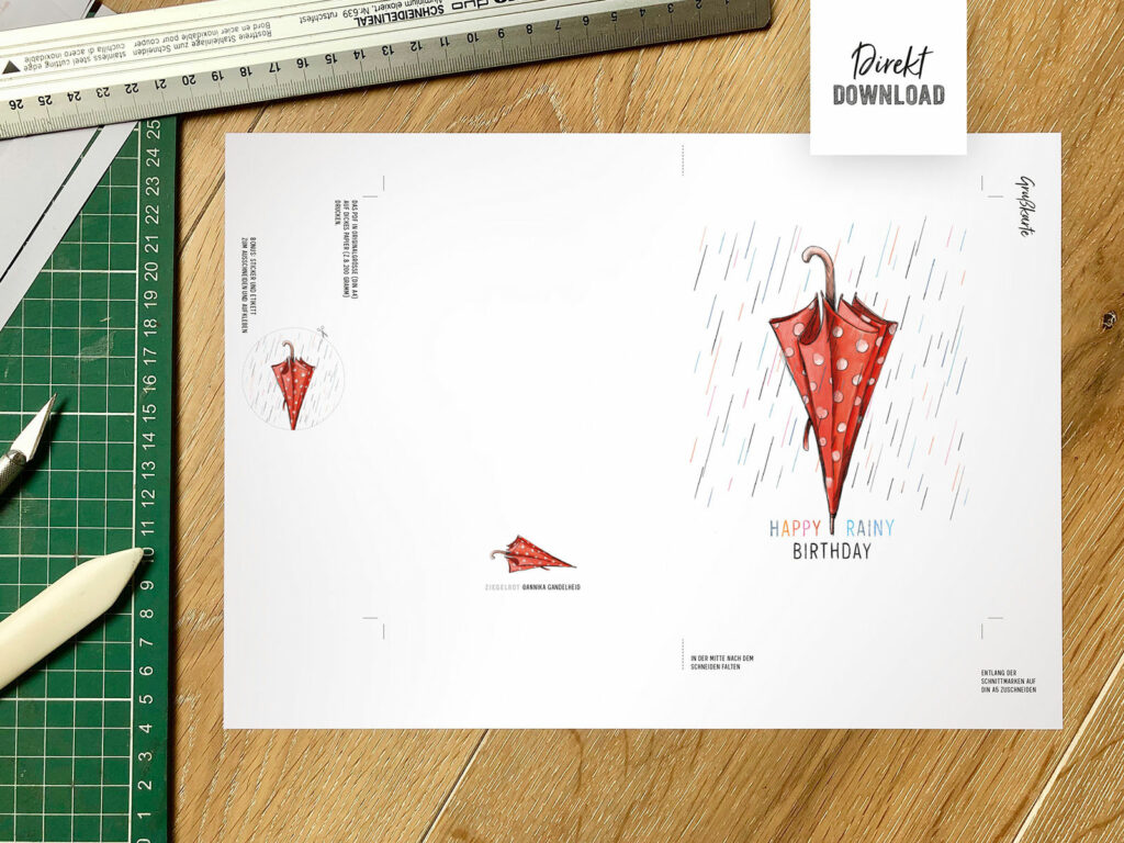 Geburtstagskarte Herbst mit Regen und Regenschirm-Motiv als Druckdatei DIN A4 für Klappkarte DIN A6