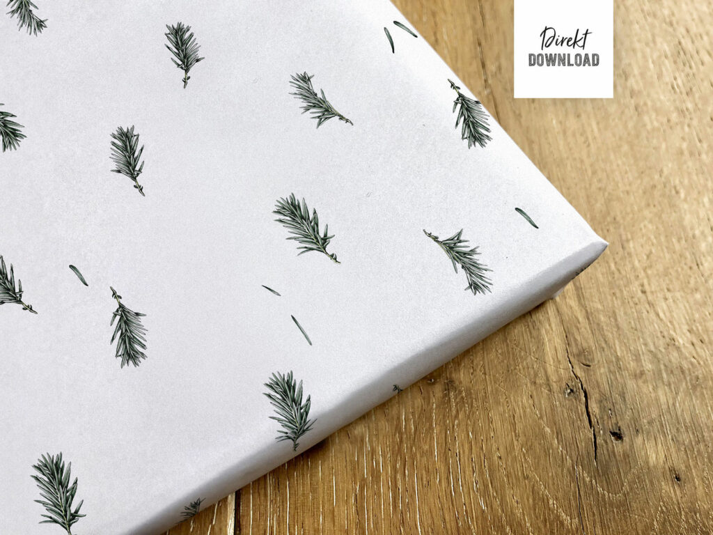 Geschenkpapier Weihnachten mit Tannenzweigen, schlicht, natur, zum Ausdrucken