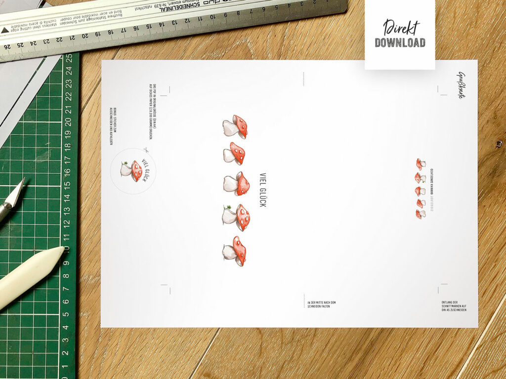 Viel Glück Karte zum Ausdrucken und Basteln mit Fliegenpilz-Motiv als DIN A4 Druckkdatei