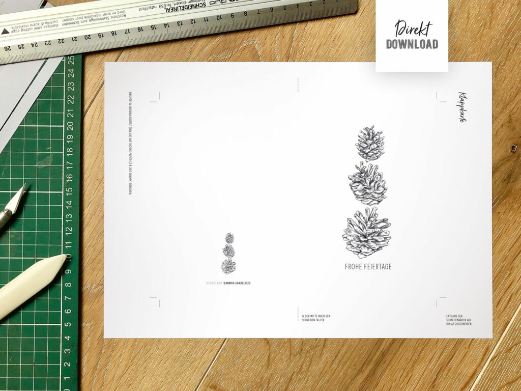 Weihnachtskarte zum Ausdrucken für DIN A4 mit winterlichen Zapfen als Motiv