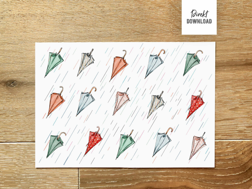 Geschenkpapier Regenschirme zum Ausdrucken, bunt und herbstlich mit Regen für DIN A4 Format