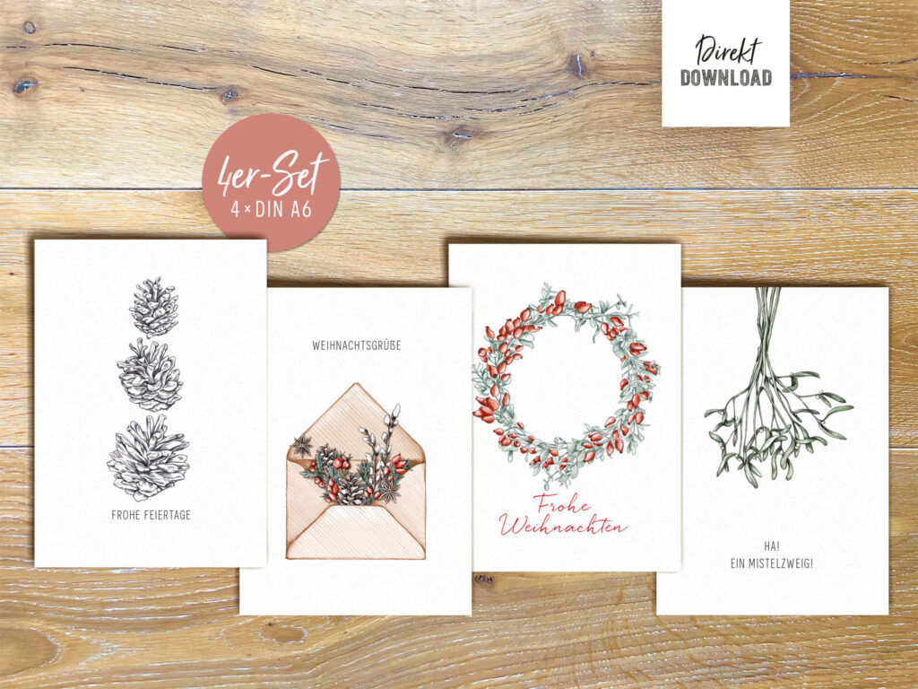 Weihnachtskarte zum Ausdrucken als Postkarte, Vierer-Set