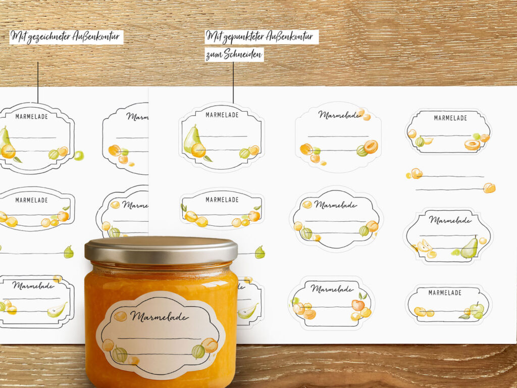 Marmelade-Etiketten, Vorlage zum Ausdrucken für helles und gelbes Obst